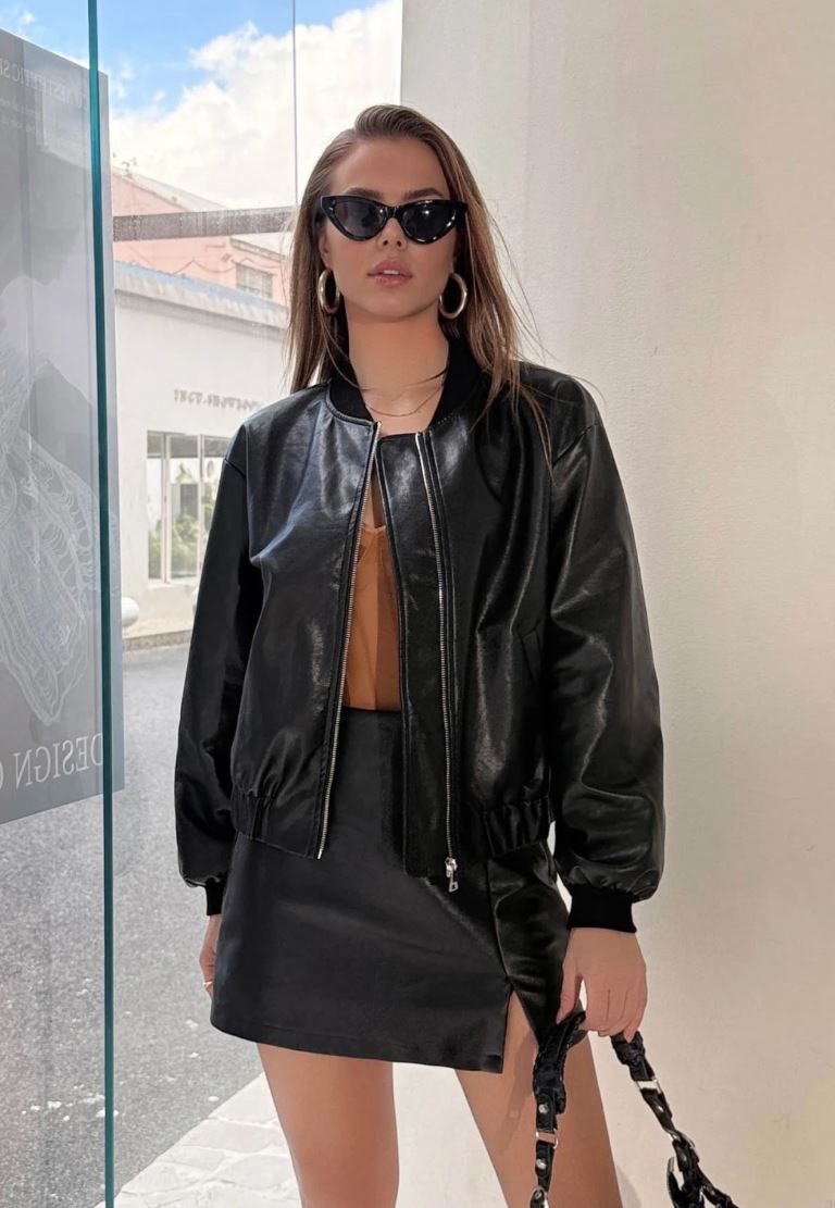 veste simili cuir femme noire