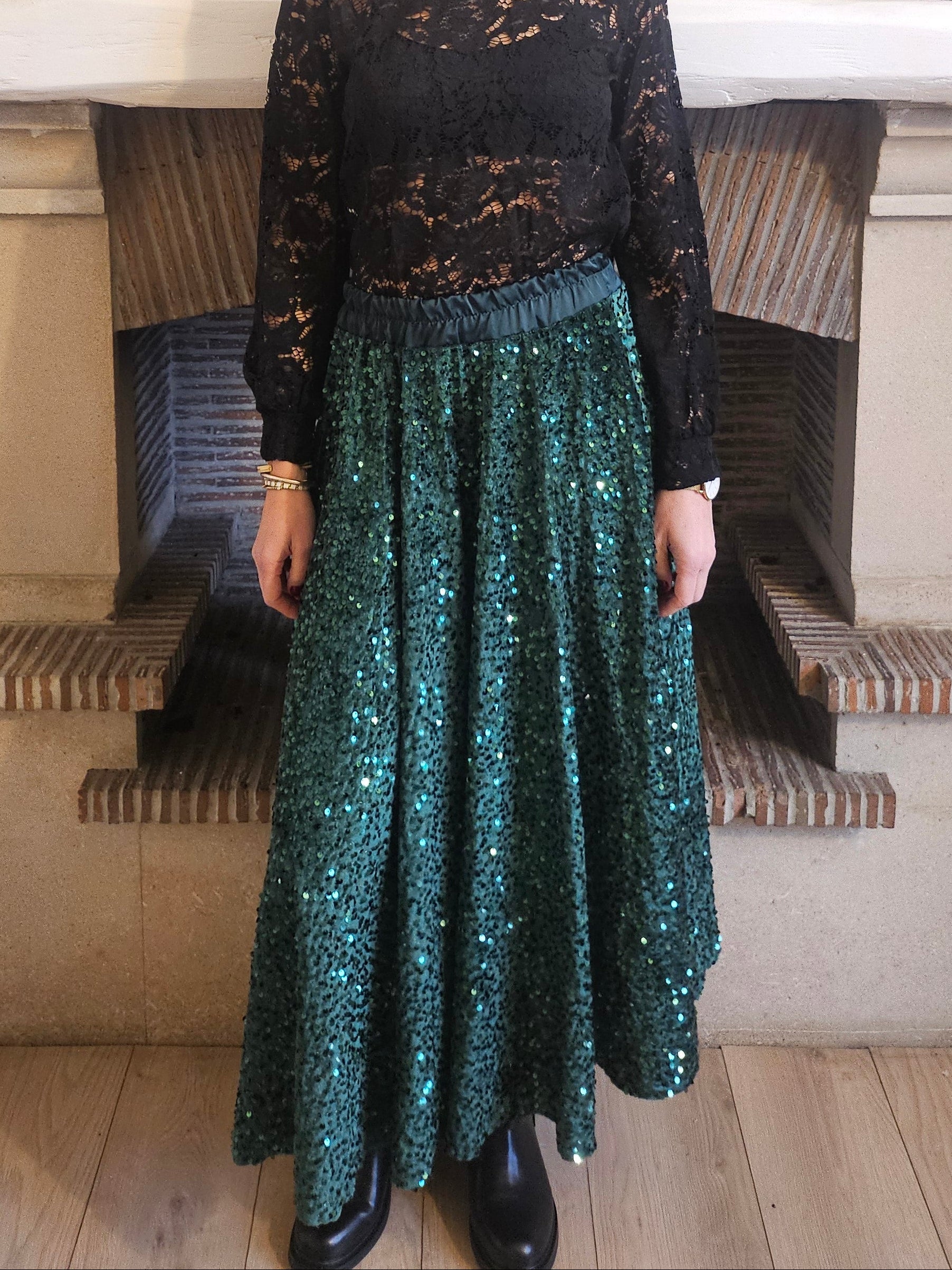 Jupe_longue_sequins_vert_fonce