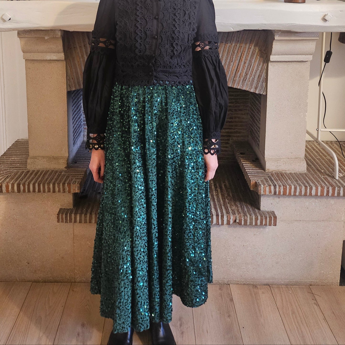 Jupe_longue_sequins_vert_fonce