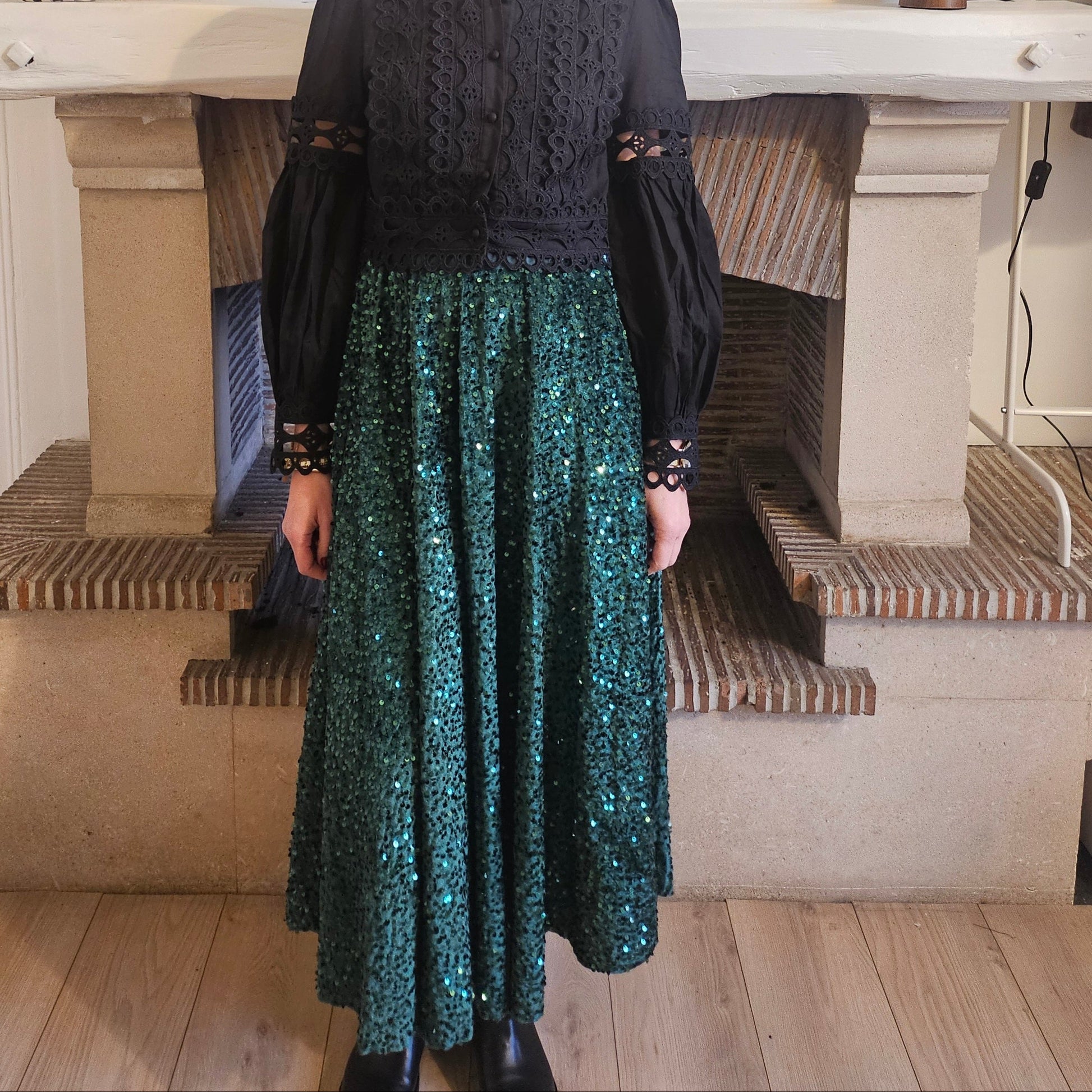 Jupe_longue_sequins_vert_fonce