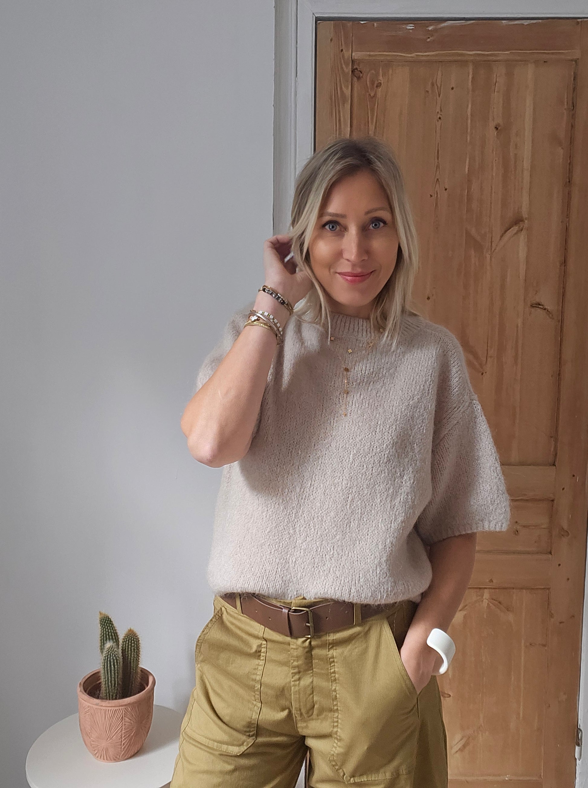 Pull manches courtes mohair laine beige