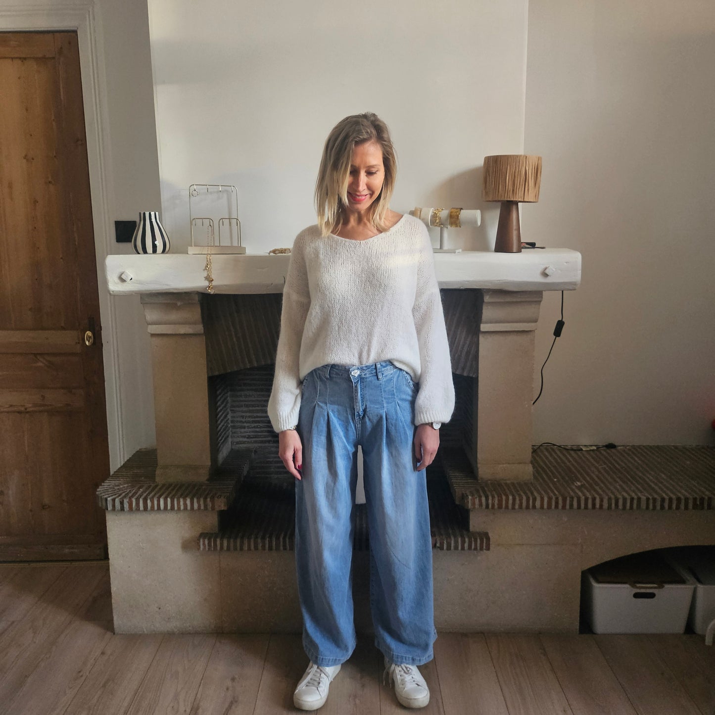 Pull col V en mohair blanc