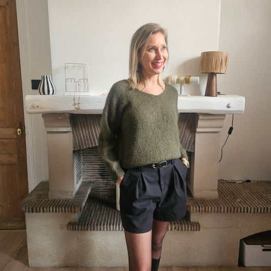Pull col V en mohair kaki