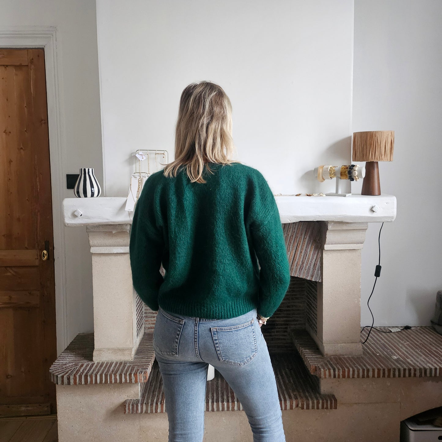 Pull_col_V_en_mohair_vert_bouteille