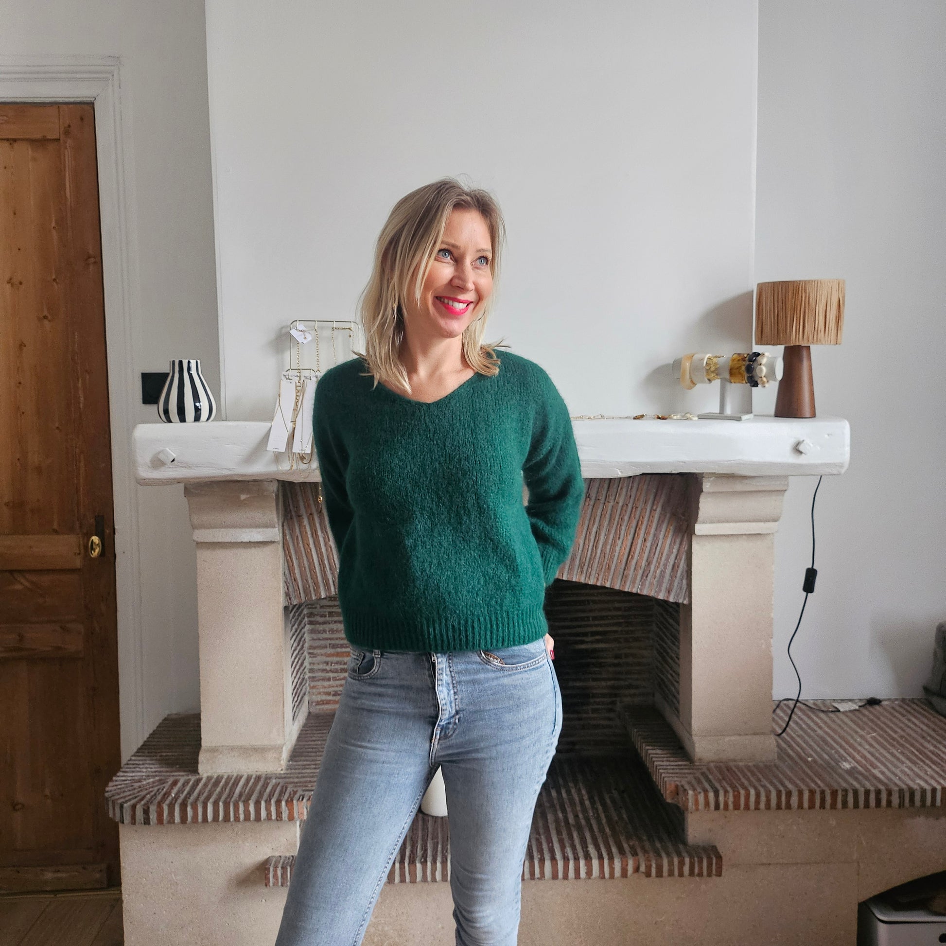 Pull_col_V_en_mohair_vert_bouteille