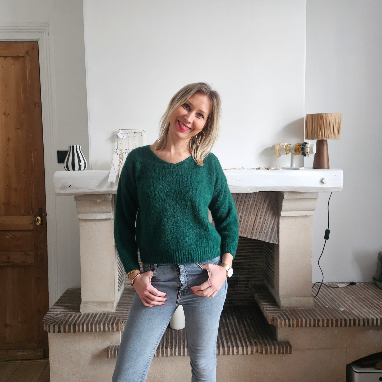 Pull_col_V_en_mohair_vert_bouteille
