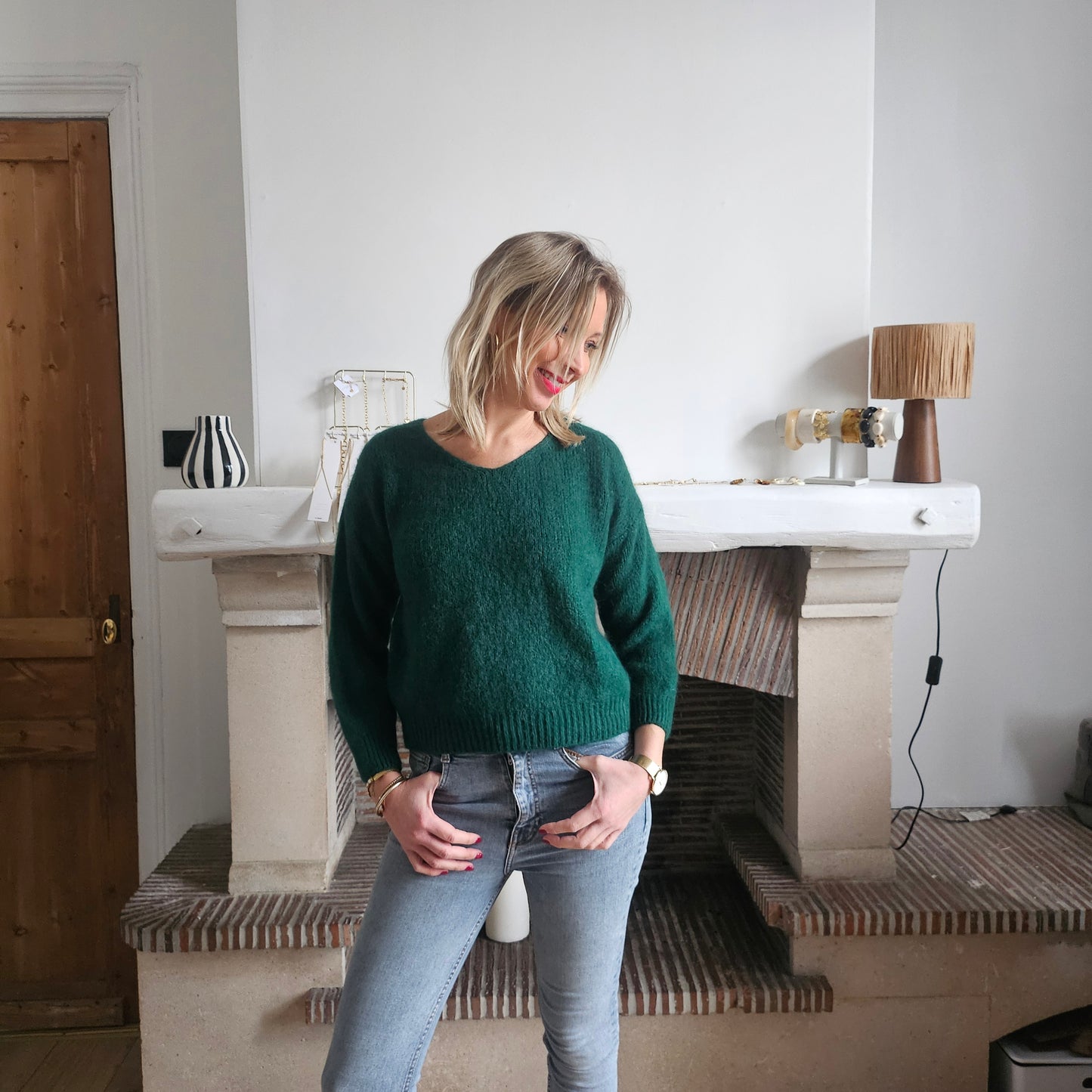 Pull_col_V_en_mohair_vert_bouteille