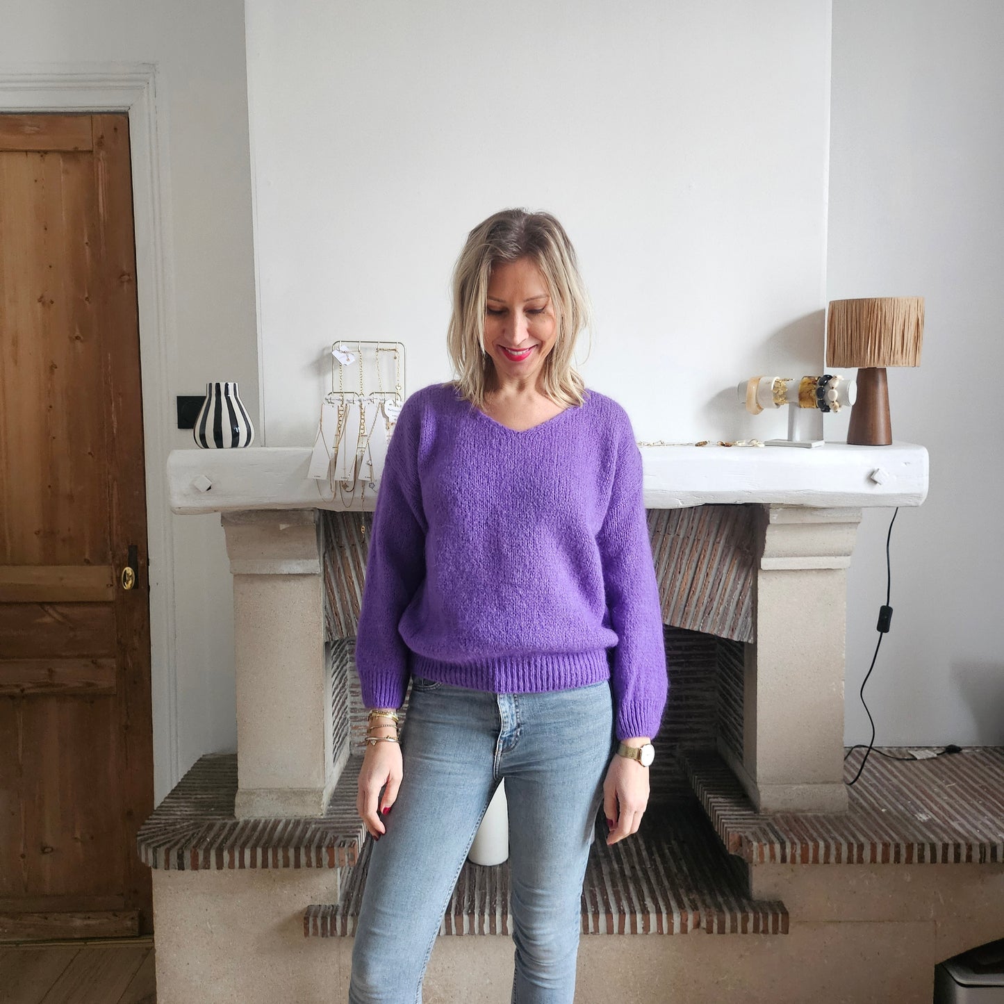 Pull col V en mohair violet