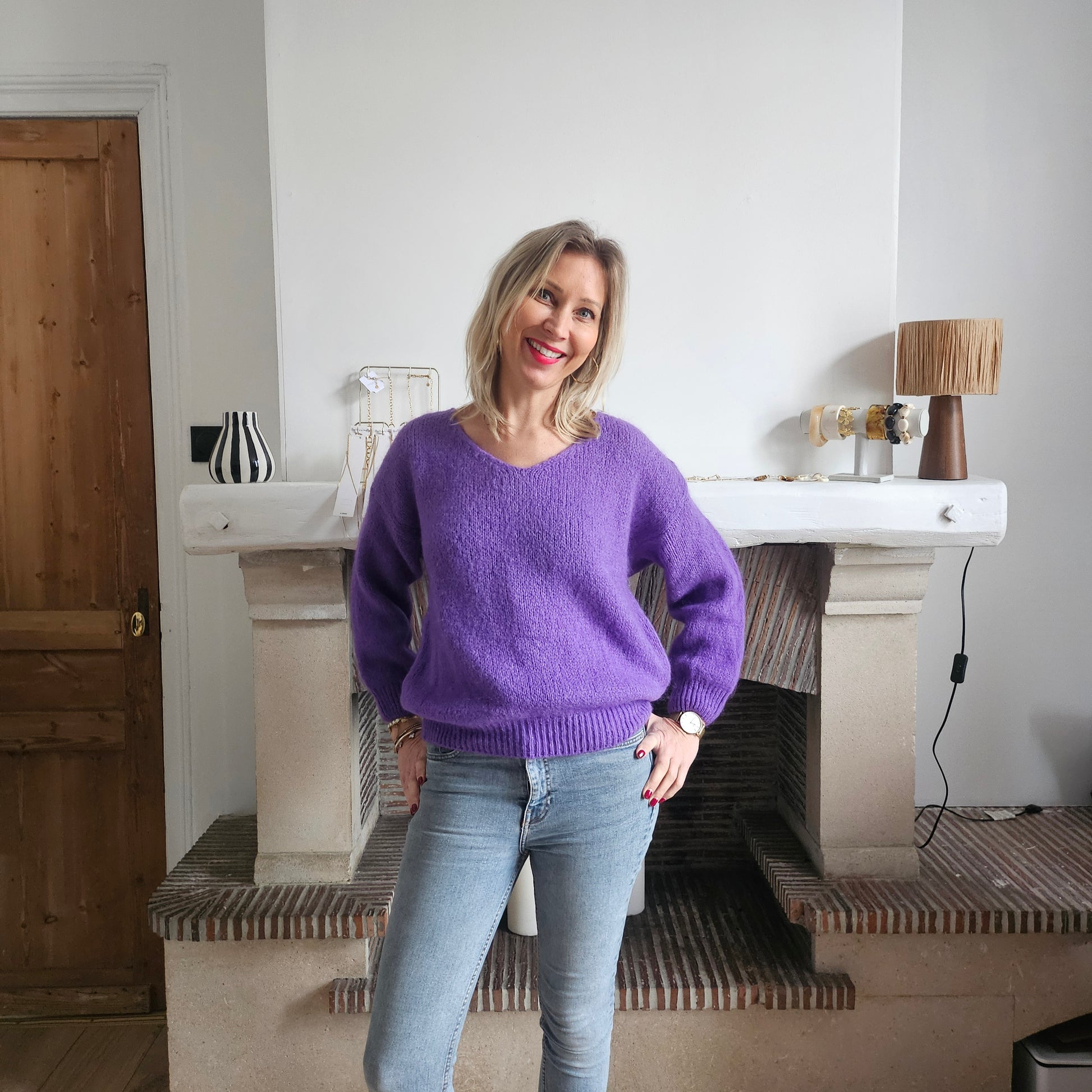 Pull col V en mohair violet