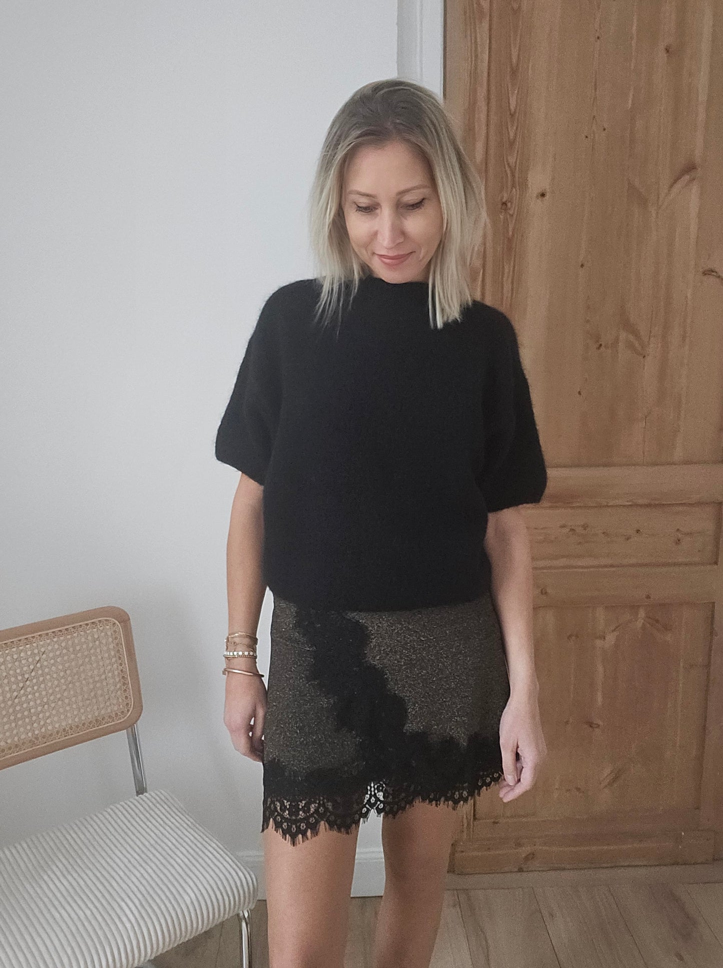 Pull manches courtes en mohair noir