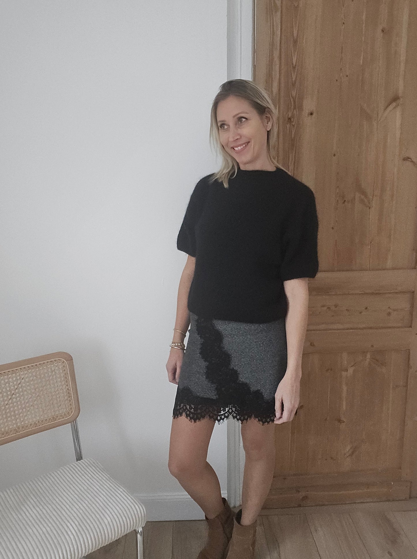 Pull manches courtes en mohair noir