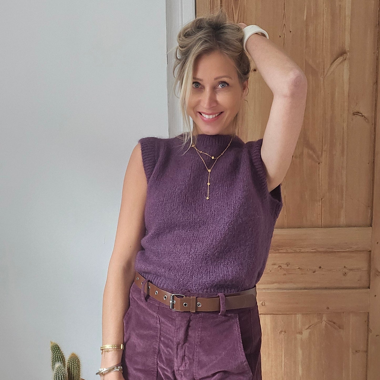 Pull sans manches en mohair aubergine