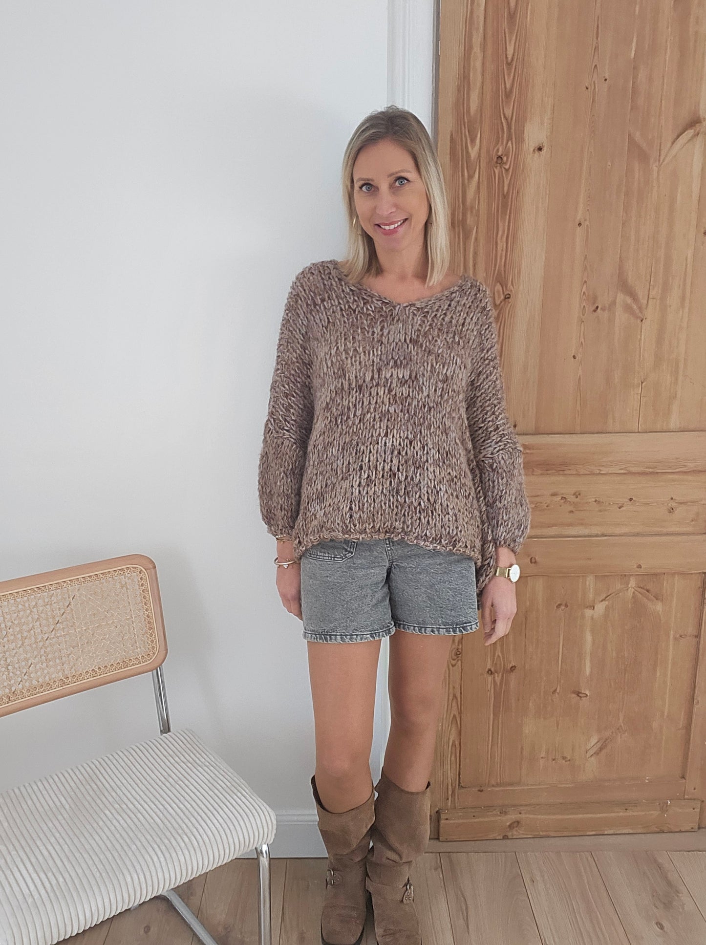 pull col V grosse maille marron