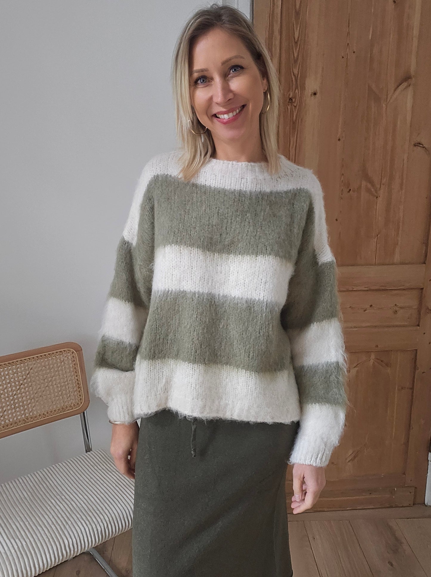 pull en laine brossé raye kaki
