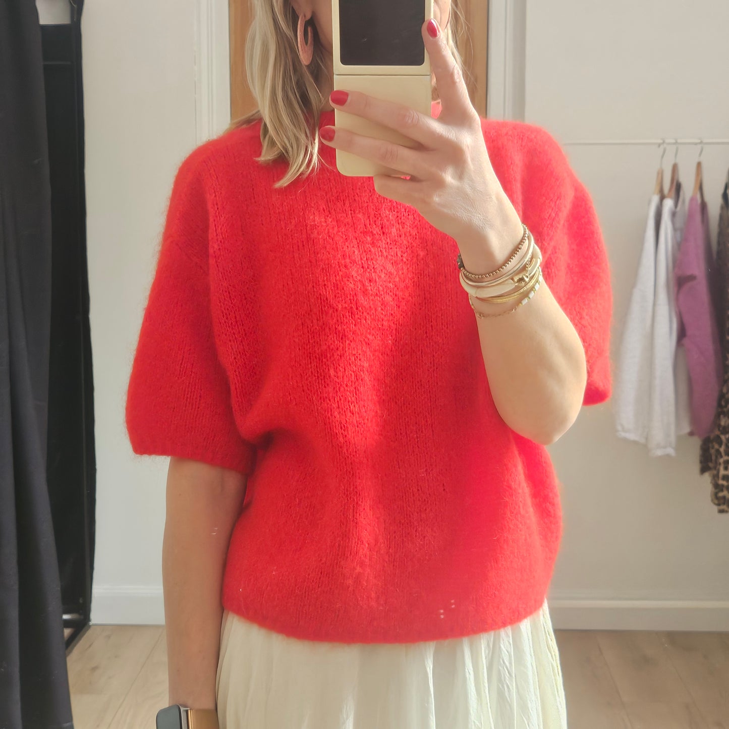 Pull manches courtes en mohair rouge