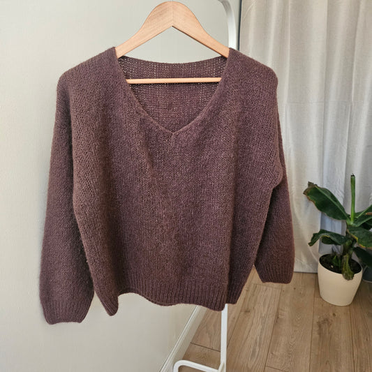 Pull col V en mohair chocolat