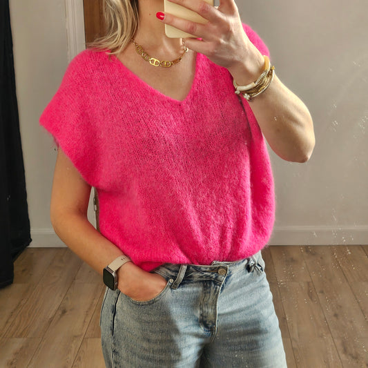 Pull sans manches col V rose fuchsia
