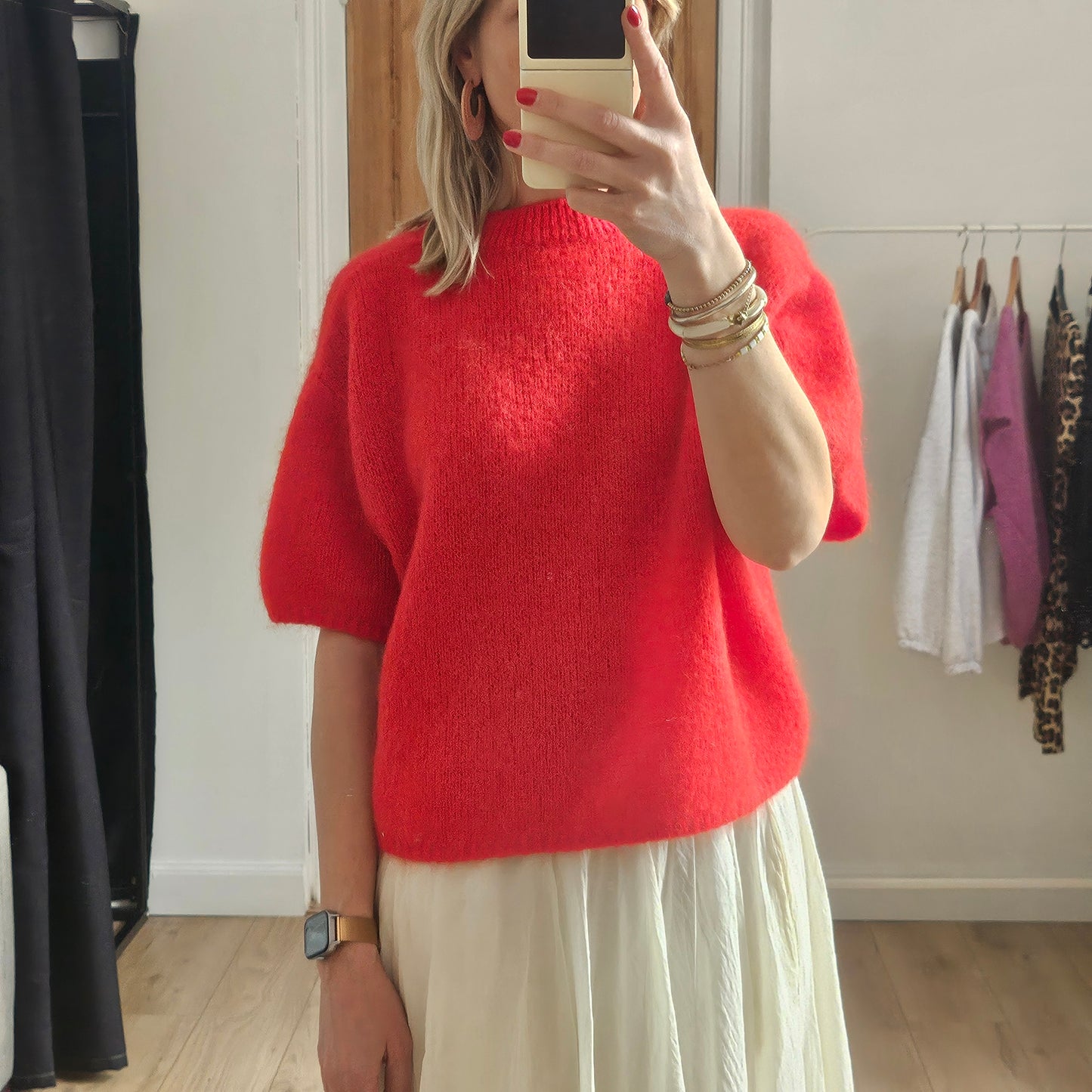 Pull manches courtes en mohair rouge