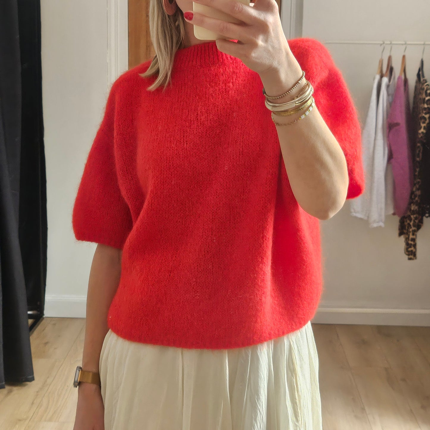 Pull manches courtes en mohair rouge