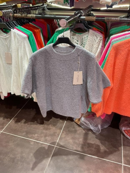 Pull manches courtes en mohair gris clair